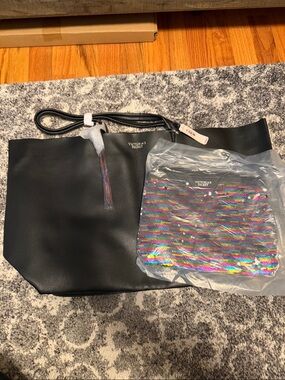 Victoria's Secret Black Tote with Iridescent Sequin Pouch